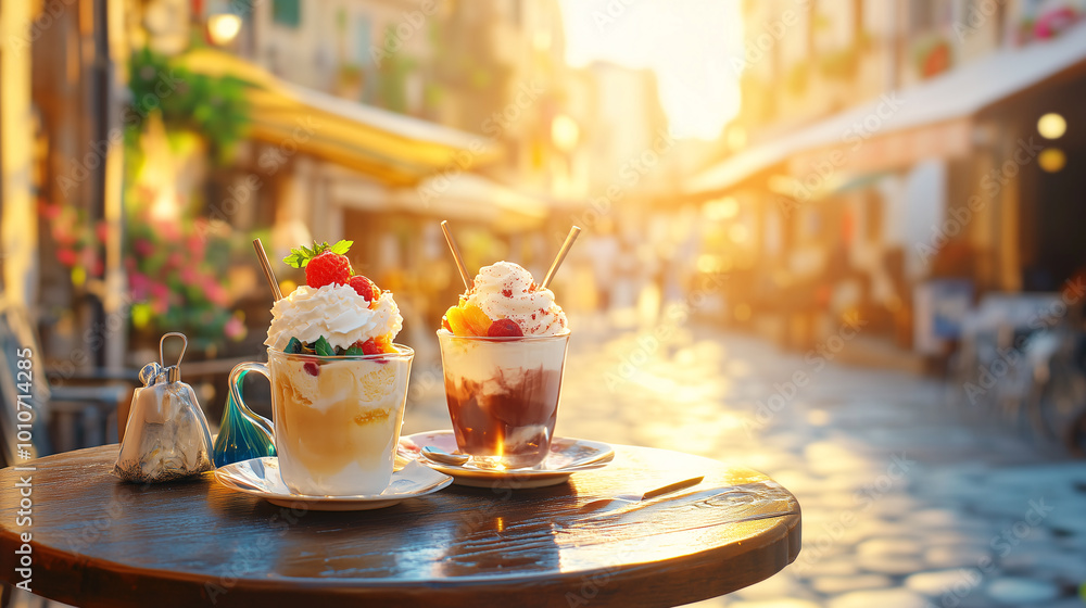 Two ice cream cups are served on a table with a blurred italian village in the background Two ice cream cups are served on a table with a blurred italian village in the background