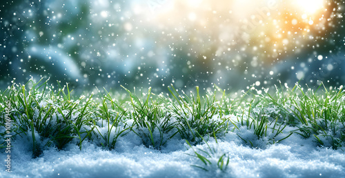 Green Grass Peeking Through Snow During a Gentle Winter Snowfall
 photo