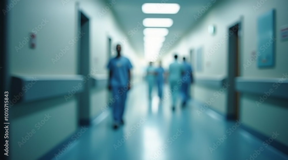 Fototapeta premium Blurred image of medical personnel walking along a bright hospital corridor