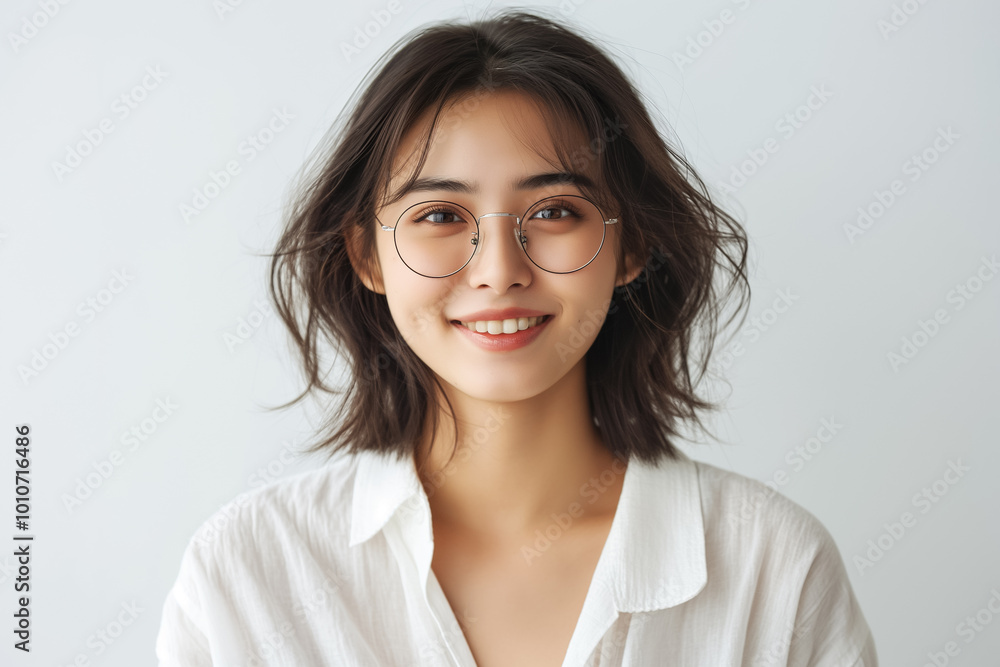 Portrait of a young smiling Asian woman in glasses on a yellow background Portrait of a young smiling Asian woman in glasses on a yellow background
