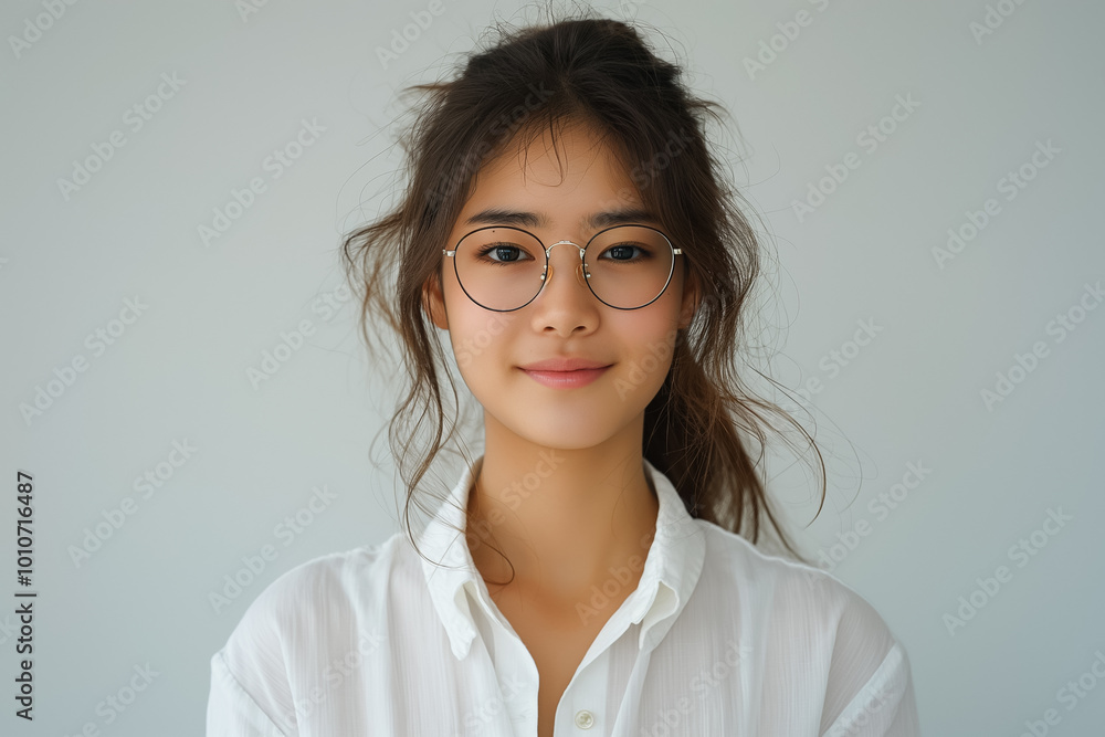 Portrait of a young Asian woman in a white shirt on a white background Portrait of a young Asian woman in a white shirt on a white background