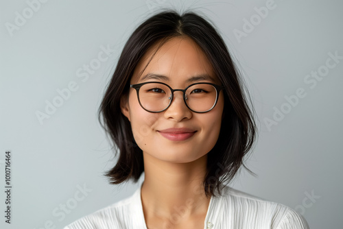 Portrait of a young smiling Asian woman in glasses on a yellow background