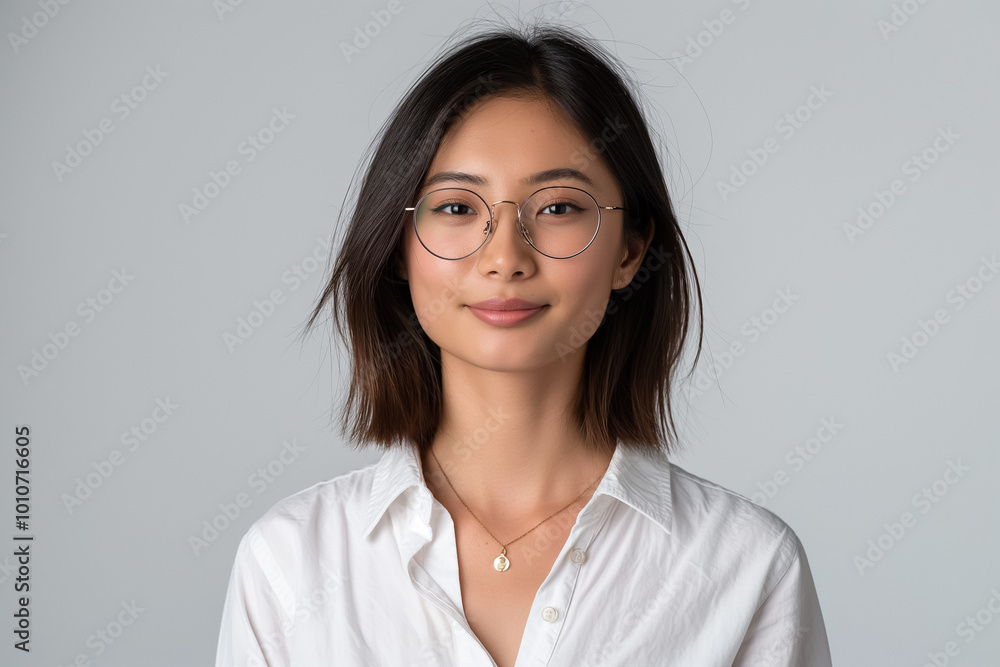 Portrait of a young smiling Asian woman in glasses on a yellow background