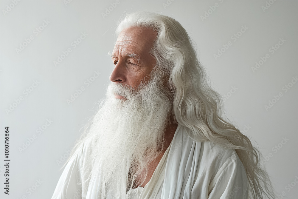 albino old man with long white hair and beard, wearing white clothes on a white background albino old man with long white hair and beard, wearing white clothes on a white background