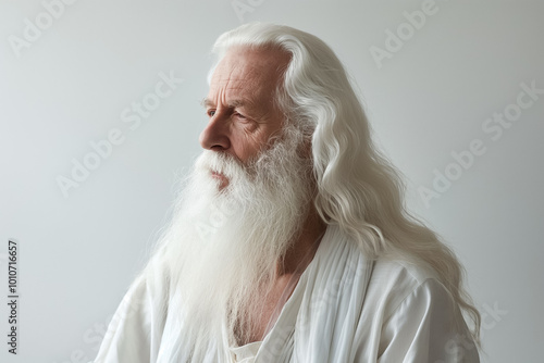 albino old man with long white hair and beard, wearing white clothes on a white background