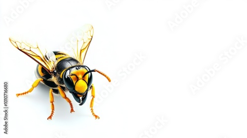 Close-up Macro Shot of Aggressive Striped Wasp or Hornet Hovering on White Background