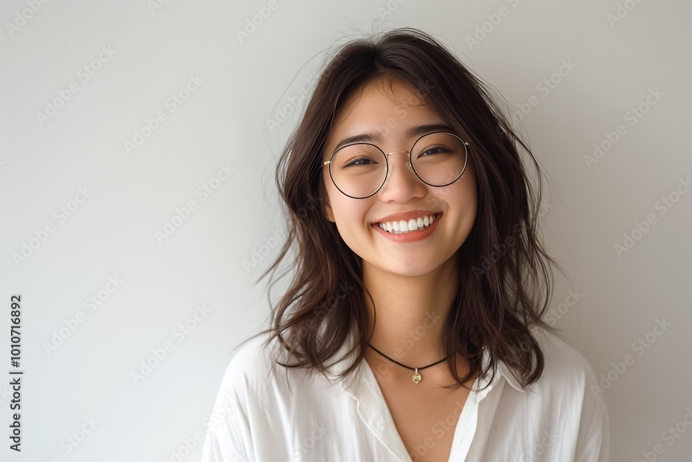 Portrait of a young Asian woman in a white shirt on a white background Portrait of a young Asian woman in a white shirt on a white background