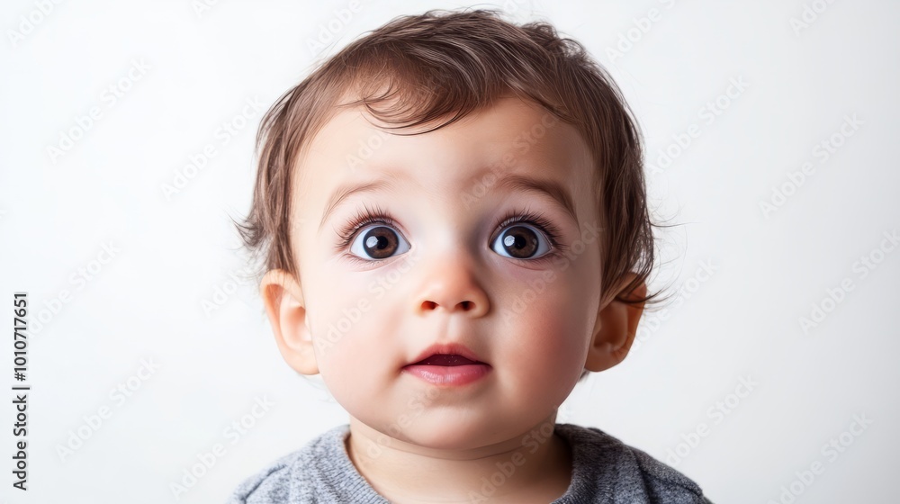 Curious and Captivating Toddler in Awe on White Background Curious and Captivating Toddler in Awe on White Background