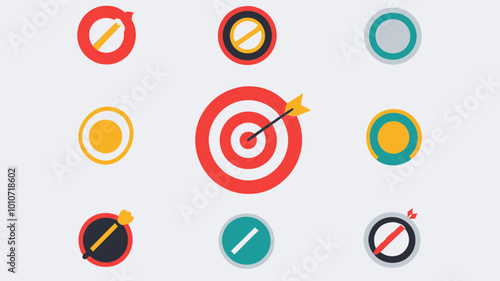 Flat UI Icon Collection of Target and Bullseye Concepts for Business Goals, Achievement, and Success Strategy