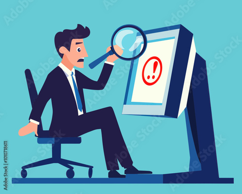 Businessman Conducting Root Cause Analysis for Incident Management with Magnifying Glass and Exclamation Mark on Screen, Identifying Risks and Critical Failures in Minimalist Vector Style
