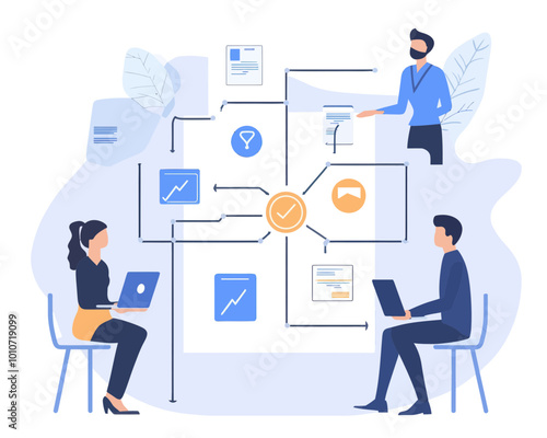 Business Process Workflow Diagram Vector, Flat Minimalist Design Showing Collaborative Strategy for Result-Oriented Concept Implementation, Business People Planning Workflow, Flowchart Mapping