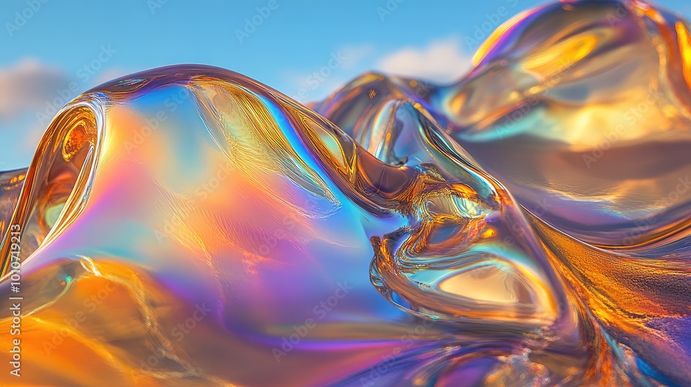 Obraz premium Glass dunes in rainbow hues form a surreal desert, with fine grains refracting light in all directions, casting colorful reflections across the landscape.