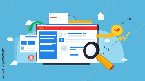 Comprehensive Search Engine Optimization Concept Vector Illustration with Web Elements and Analytics Tools for Digital Marketing