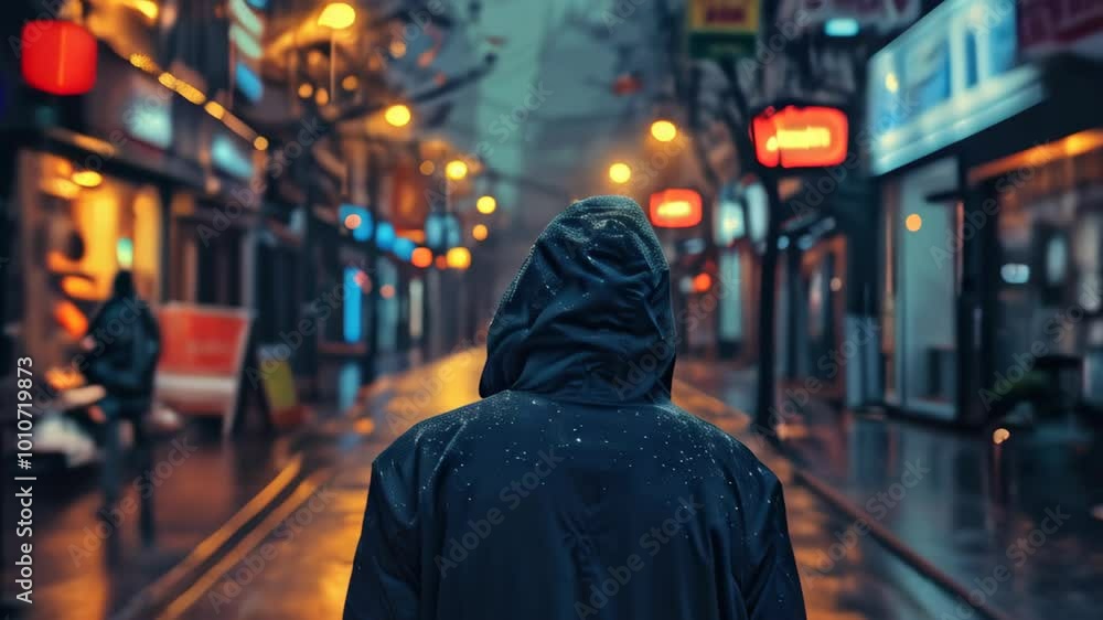 A solitary figure walks through a rainy, neon-lit city street at night in an urban neighborhood, evoking a sense of mystery and solitude A solitary figure walks through a rainy, neon-lit city street at night in an urban neighborhood, evoking a sense of mystery and solitude