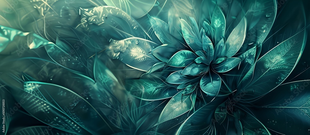 Obraz premium A beautiful green leafy abstract flower plant with a transformative teal and blue color background