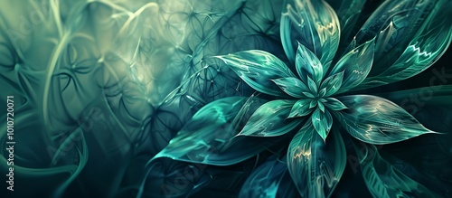 A green leafy abstract flower plant with a transformative teal and blue color background