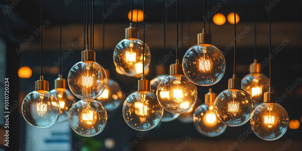 Elegant Glass Light Bulbs Hanging on Dark Background Elegant Glass Light Bulbs Hanging on Dark Background