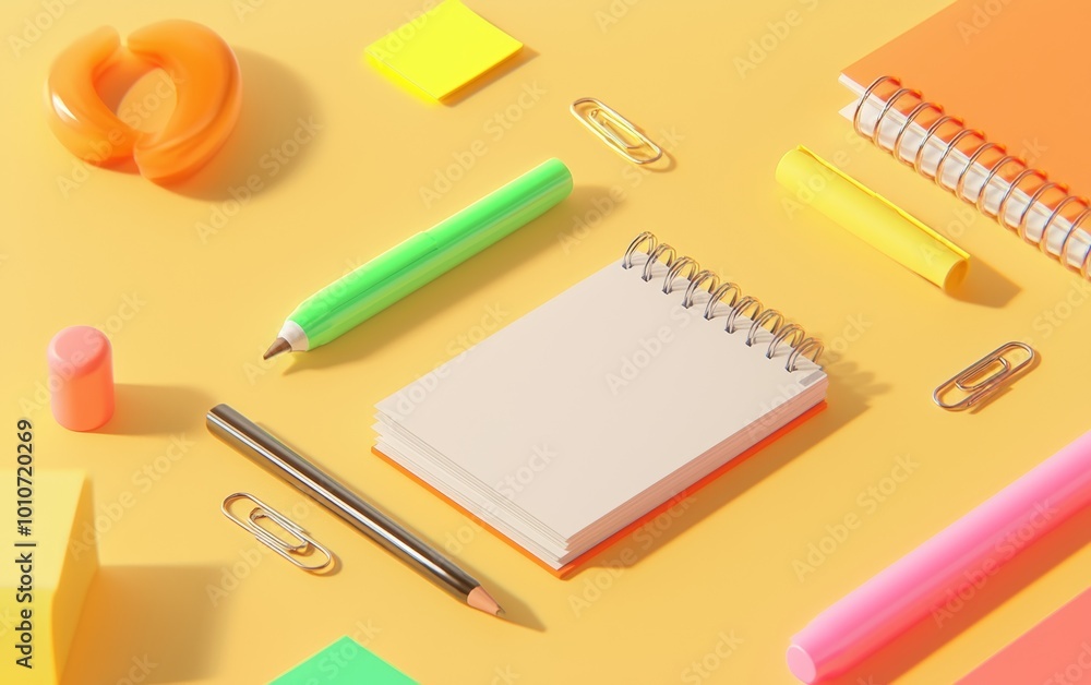 A desktop with scattered school stationery, including paper clips and sticky notes, 3D illustration A desktop with scattered school stationery, including paper clips and sticky notes, 3D illustration
