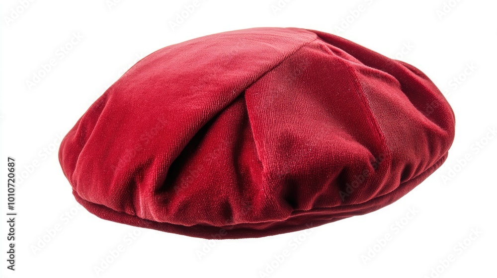 A red velvet beret, a classic French style hat, isolated on a white background. A red velvet beret, a classic French style hat, isolated on a white background.