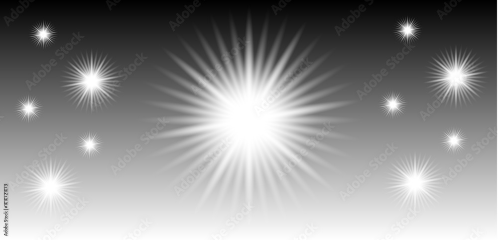 Radiant Starburst Light Effect Background. Black and white gradient with glowing star-like light elements. Radiant Starburst Light Effect Background. Black and white gradient with glowing star-like light elements.