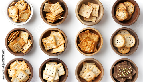 Set of different tasty crackers in bowls on white background, top view photo