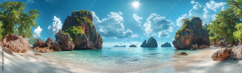 Fototapeta premium Tropical Beach with White Sand, Crystal Clear Water, Lush Green Foliage, and Majestic Rock Formations.
