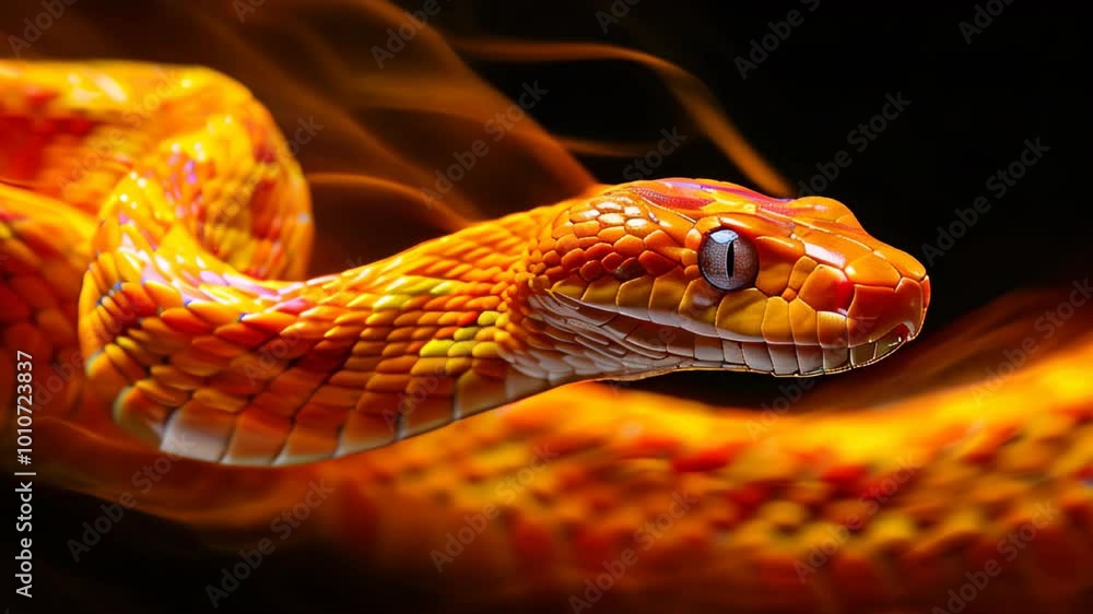 A stunning close-up view of an orange snake moving gracefully in a dark setting at dawn in a tropical jungle A stunning close-up view of an orange snake moving gracefully in a dark setting at dawn in a tropical jungle