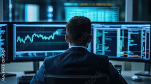 Trader Analyzing Financial Data on Multiple Screens
