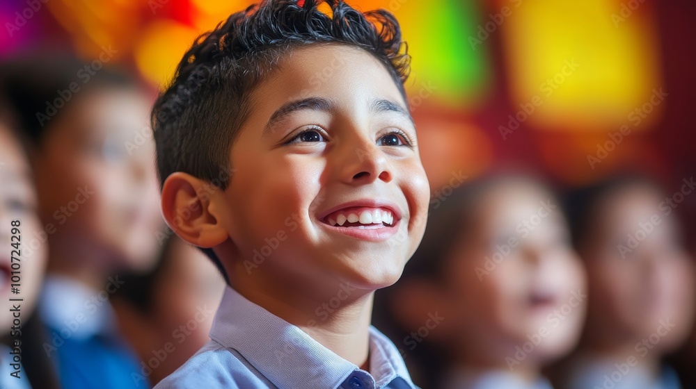 Joyful Hispanic Boy Singing in School Choir with Vibrant Stage Backdrop Joyful Hispanic Boy Singing in School Choir with Vibrant Stage Backdrop