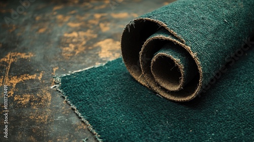 A rolled-up green carpet on a worn wood floor. photo