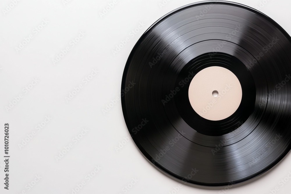 A close-up of a vinyl record with a blank black label on a white background, showcasing its grooves and glossy finish A close-up of a vinyl record with a blank black label on a white background, showcasing its grooves and glossy finish