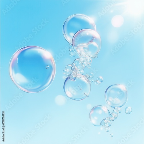 A collection of translucent soap bubbles floating against a bright blue sky, creating a serene and joyful atmosphere.