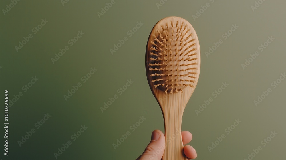 A hand holding a wooden hairbrush against a soft green background, highlighting the brush's natural texture and design, perfect for promoting hair care and eco-friendly products. A hand holding a wooden hairbrush against a soft green background, highlighting the brush's natural texture and design, perfect for promoting hair care and eco-friendly products.