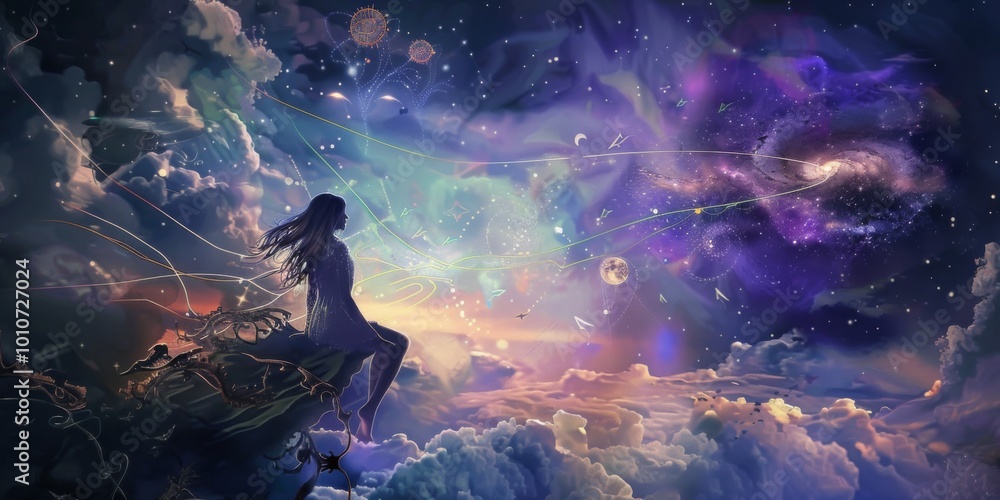 In a breathtaking twilight moment, a dreamer sits on a cliff, gazing into a cosmic wonderland filled with galaxies, stars, and vibrant clouds, lost in contemplation of the universe. In a breathtaking twilight moment, a dreamer sits on a cliff, gazing into a cosmic wonderland filled with galaxies, stars, and vibrant clouds, lost in contemplation of the universe.
