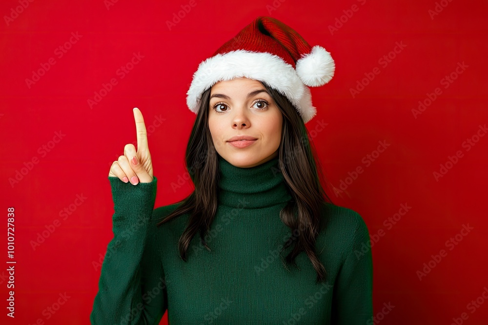 Young woman wears warm cozy green turtleneck Santa hat posing holding index finger up with great new idea isolated on plain red background. with generative ai Young woman wears warm cozy green turtleneck Santa hat posing holding index finger up with great new idea isolated on plain red background. with generative ai
