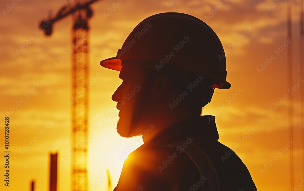 Fototapeta premium Construction worker in protective gear, industrial site at sunrise, focus on worker safety and building progress