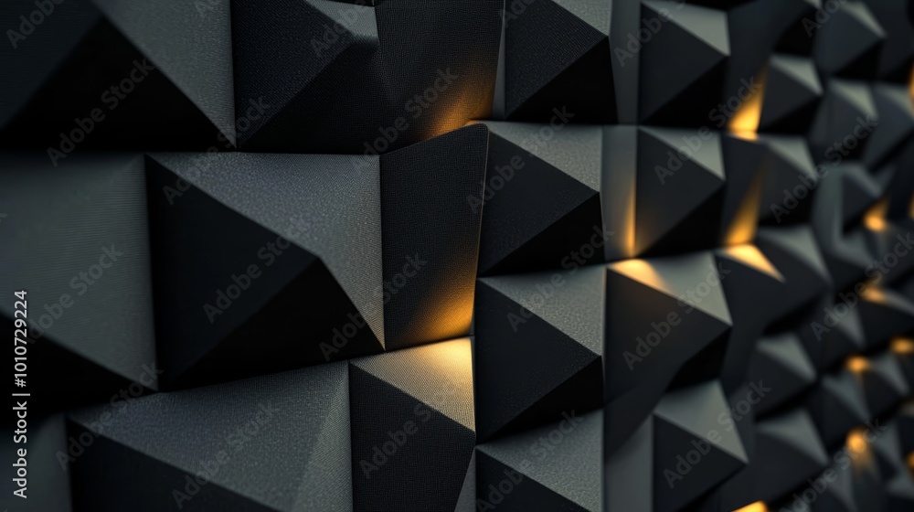 Fototapeta premium Dark acoustic foam panels illuminated by focused lights, sound isolation in recording studio setting