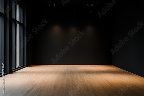 Dark room with wooden flooring under soft spotlights  empty interior  modern minimalistic design concept