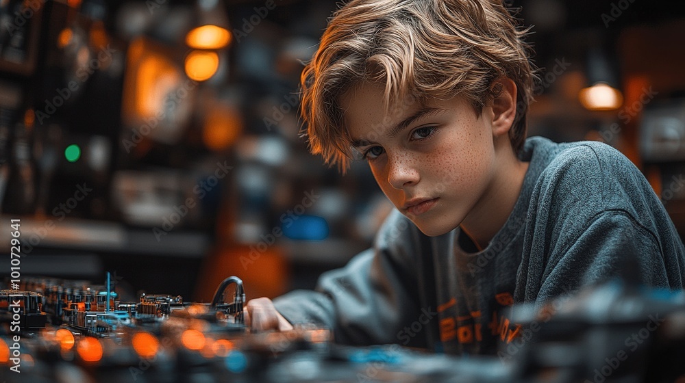 Young Boy Working on Electronics Young Boy Working on Electronics