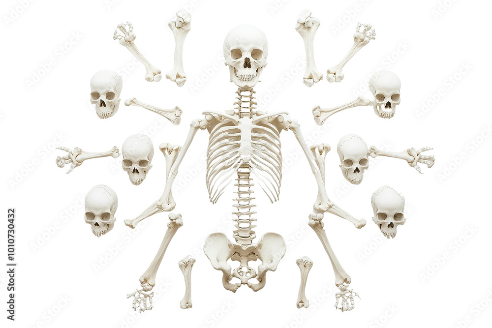 A detailed skeleton display with skulls and bones, set against a white background. Ideal for educational and anatomical design purposes. A detailed skeleton display with skulls and bones, set against a white background. Ideal for educational and anatomical design purposes.
