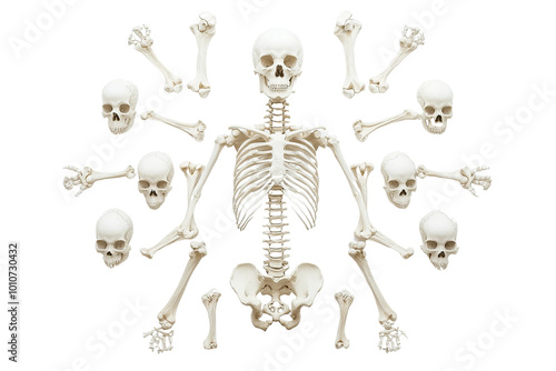 A detailed skeleton display with skulls and bones, set against a white background. Ideal for educational and anatomical design purposes.