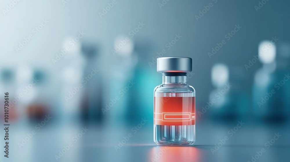 Vial with medical liquid on blurred background Vial with medical liquid on blurred background
