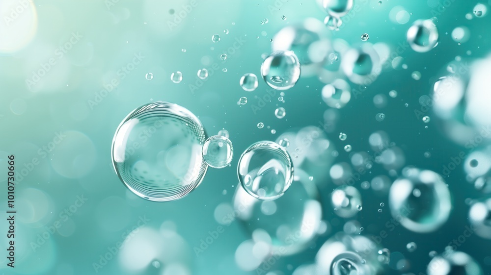 Close-up view of floating water bubbles in a serene aquamarine background. Each bubble reflects light, creating a calm and refreshing atmosphere, perfect for nature themes. Close-up view of floating water bubbles in a serene aquamarine background. Each bubble reflects light, creating a calm and refreshing atmosphere, perfect for nature themes.