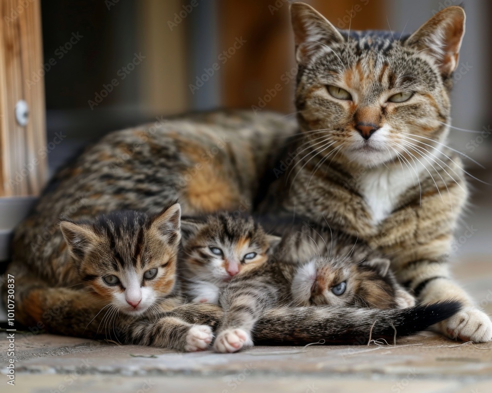 A loving mother cat, visibly pregnant, curls around her three tiny kittens. They bask together in the comfort of a warm, sunlit corner, embodying a peaceful family atmosphere. A loving mother cat, visibly pregnant, curls around her three tiny kittens. They bask together in the comfort of a warm, sunlit corner, embodying a peaceful family atmosphere.