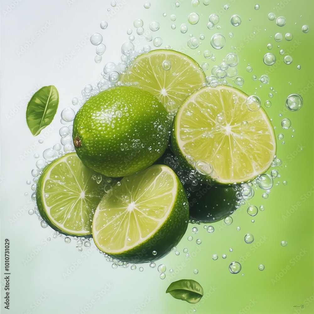 Fresh limes and lime slices surrounded by bubbles on a vibrant green background, creating a refreshing and lively atmosphere.