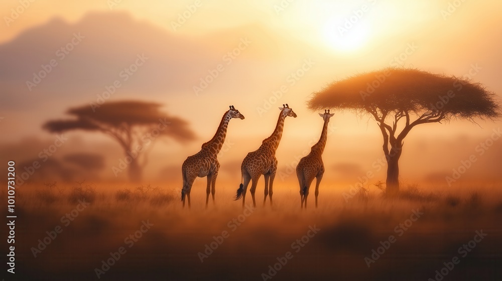 Three giraffes silhouetted against a golden sunset, standing among acacia trees in the African savannah, creating a serene and picturesque wildlife scene. Three giraffes silhouetted against a golden sunset, standing among acacia trees in the African savannah, creating a serene and picturesque wildlife scene.