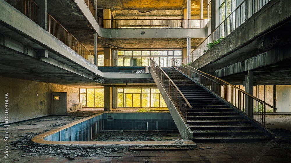 Fototapeta premium Abandoned Building with a Pool and Staircase