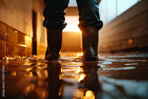 Flooded entrance with person in rubber boots, indoor water damage, home flooding and emergency response