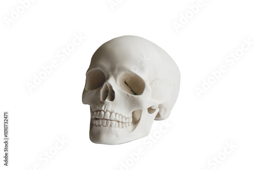 A realistic human skull isolated on a white background, representing anatomy, biology, and education.