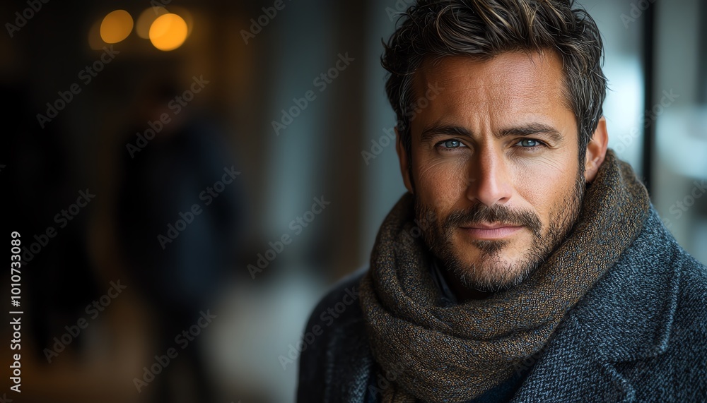 A man with a tailored coat and scarf, looking confidently towards the camera with a classy vibe A man with a tailored coat and scarf, looking confidently towards the camera with a classy vibe